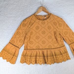 Free People Tan/Orange Embroidered Blouse